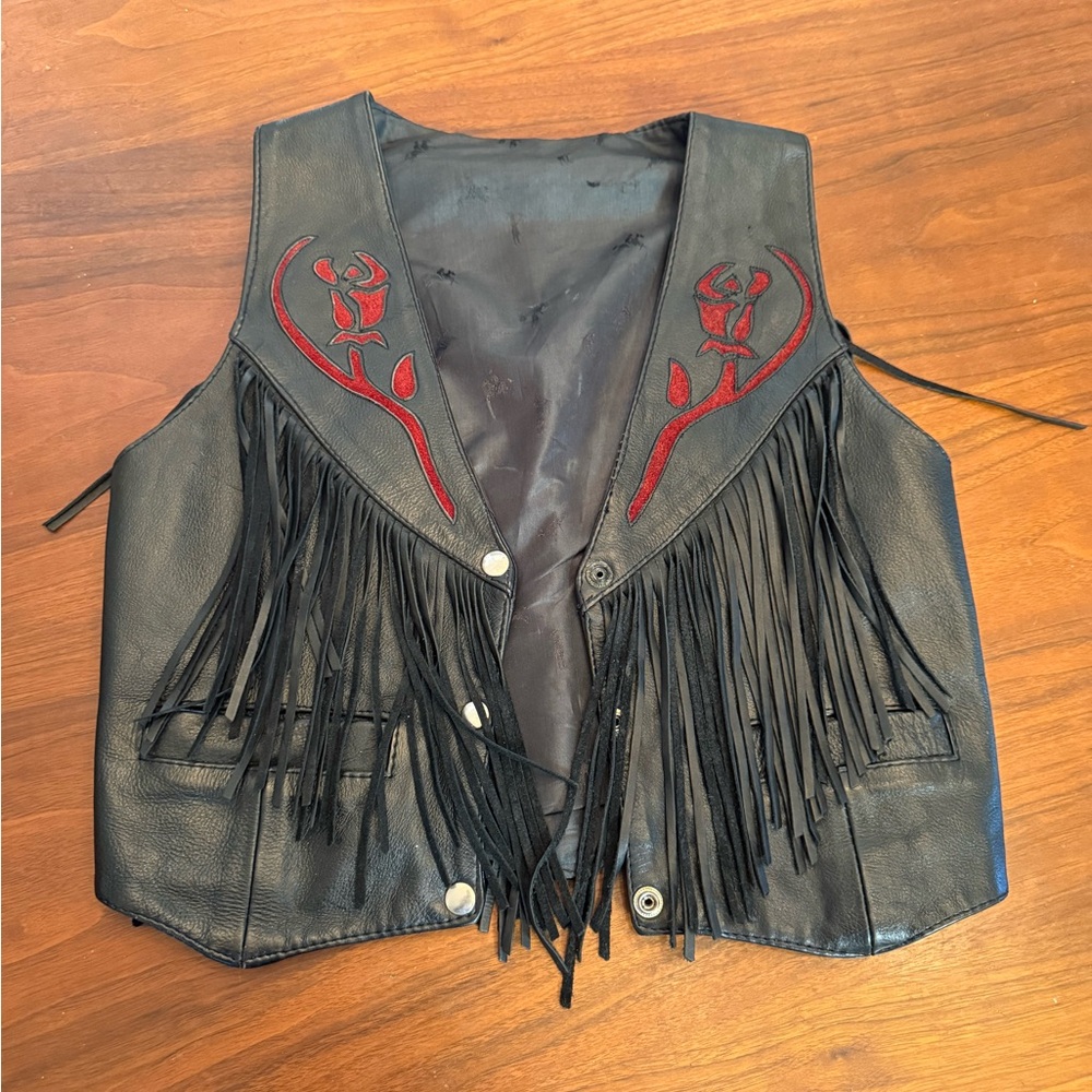 Custom Made Black Leather Fringe Vest with Red Embroidery